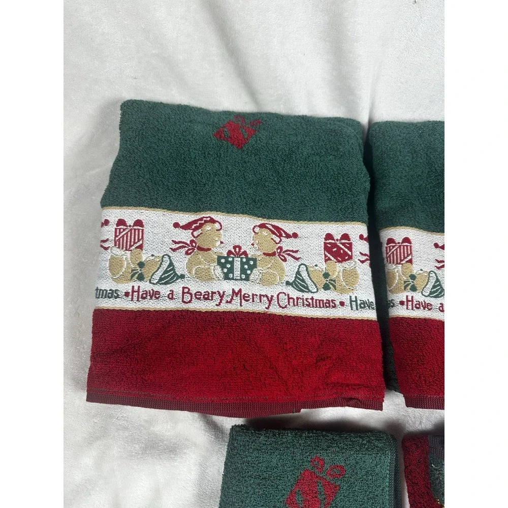Vintage Christmas Bears Bath Towel Set Santas Best Beary Merry Holiday  5-piece